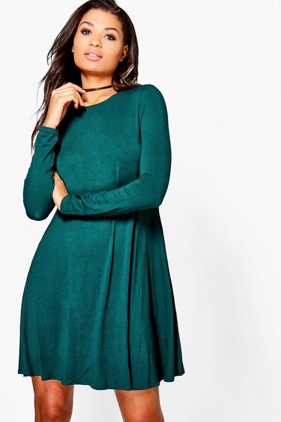 April Scoop Neck Long Sleeve Swing Dress